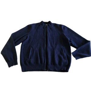 Robert Graham Full Zip Sweater Men L Navy Mock Neck Pockets Preppy Nautical FLAW